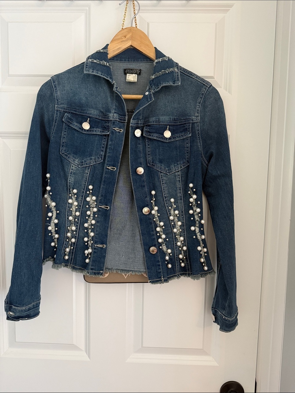 VENUS Dark Blue Denim Jacket with Pearl Embellishments, never worn